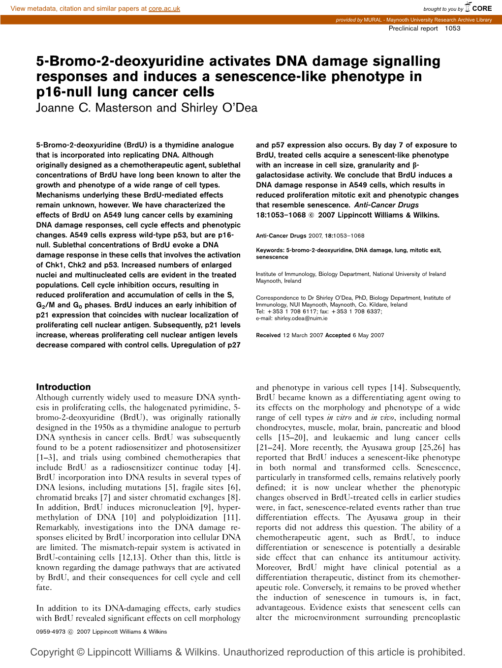 5-Bromo-2-Deoxyuridine Activates DNA Damage Signalling Responses and Induces a Senescence-Like Phenotype in P16-Null Lung Cancer Cells Joanne C