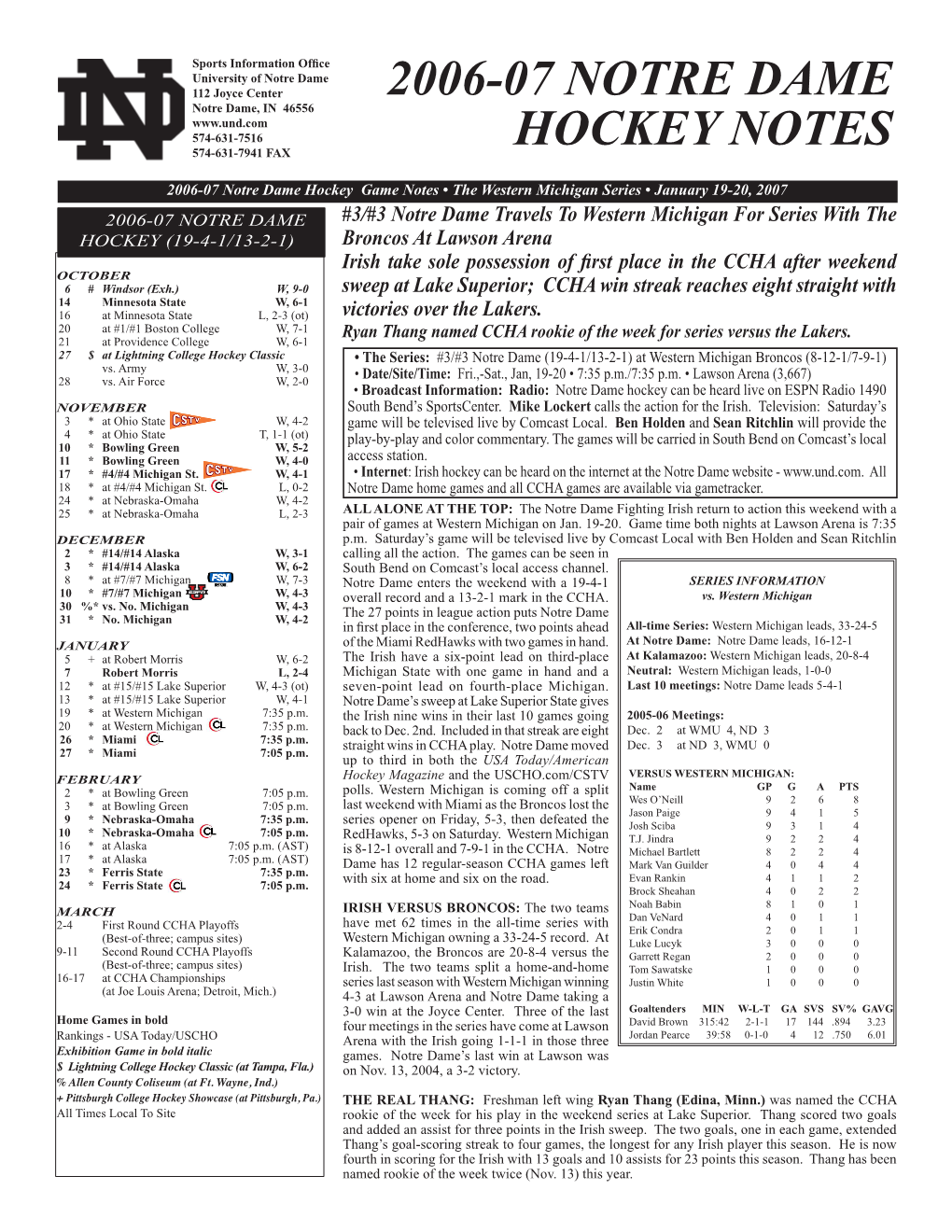 2006-07 Notre Dame Hockey Notes