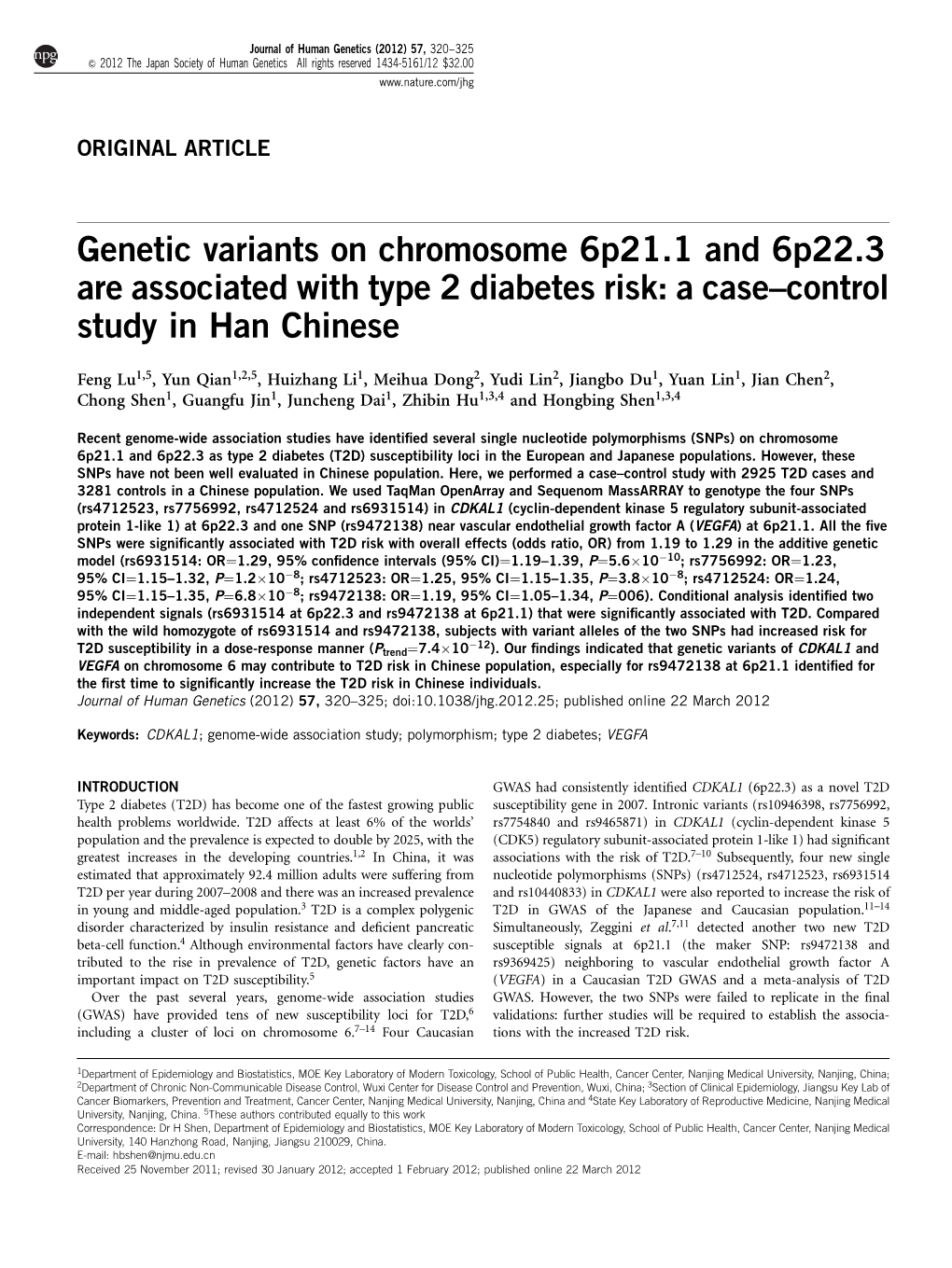 Genetic Variants on Chromosome 6P21.1 and 6P22.3 Are Associated with Type 2 Diabetes Risk: a Case–Control Study in Han Chinese
