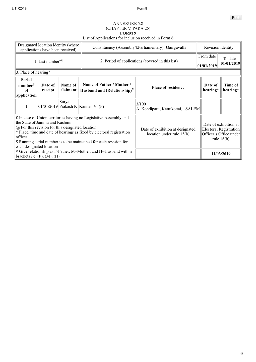 ANNEXURE 5.8 (CHAPTER V, PARA 25) FORM 9 List of Applications For