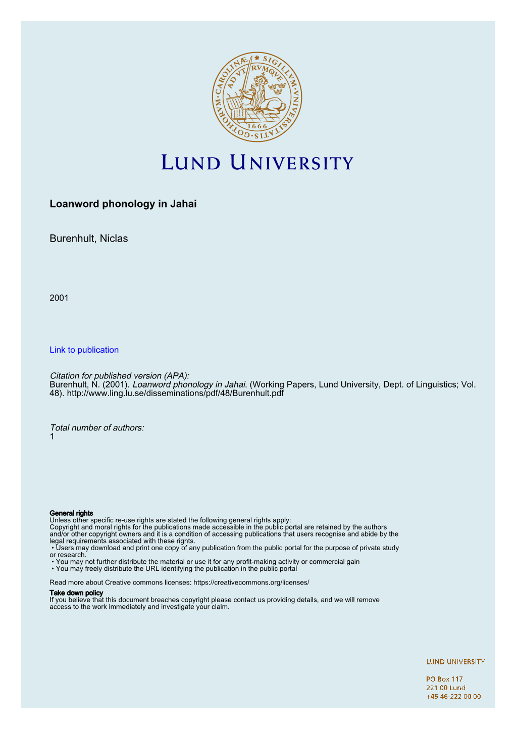 Loanword Phonology in Jahai Burenhult, Niclas