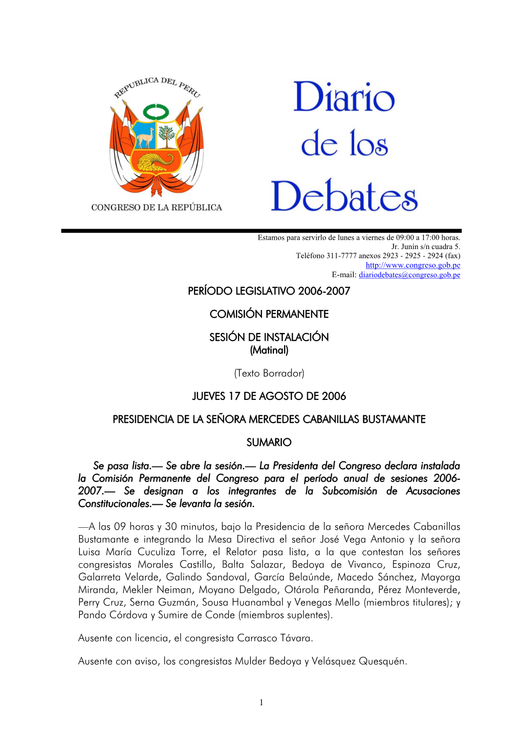 Período Legislativo 2006-2007 Comisión Permanente Sesión