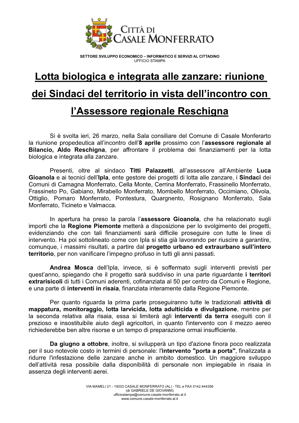 Lotta Biologica E Integrata Alle Zanzare: Riunione Dei Sindaci Del Territorio in Vista Dell’Incontro Con L’Assessore Regionale Reschigna