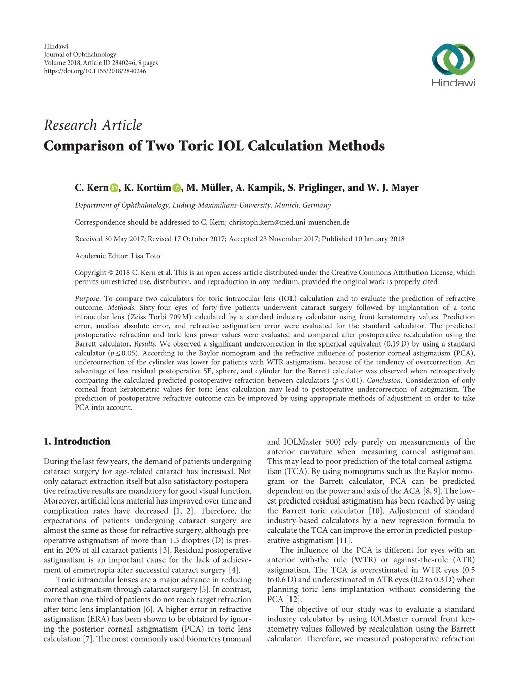 Research Article Comparison of Two Toric IOL Calculation Methods