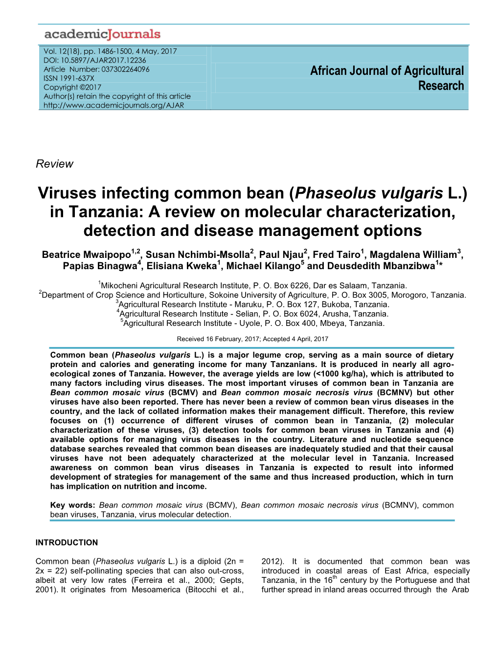 Viruses Infecting Common Bean (Phaseolus Vulgaris L.) in Tanzania: a Review on Molecular Characterization, Detection and Disease Management Options