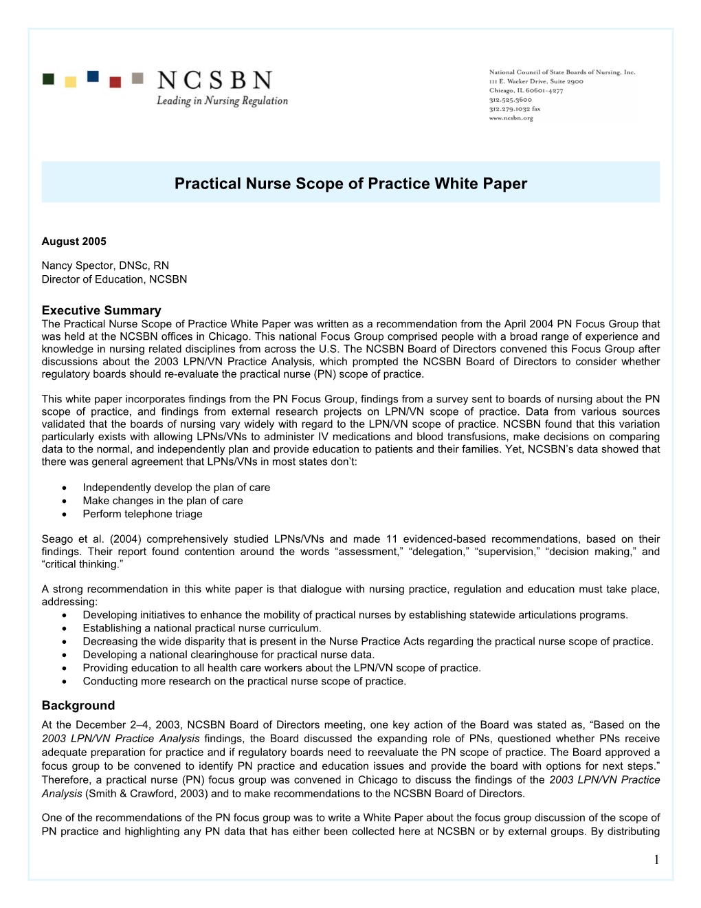 Practical Nurse Scope of Practice White Paper