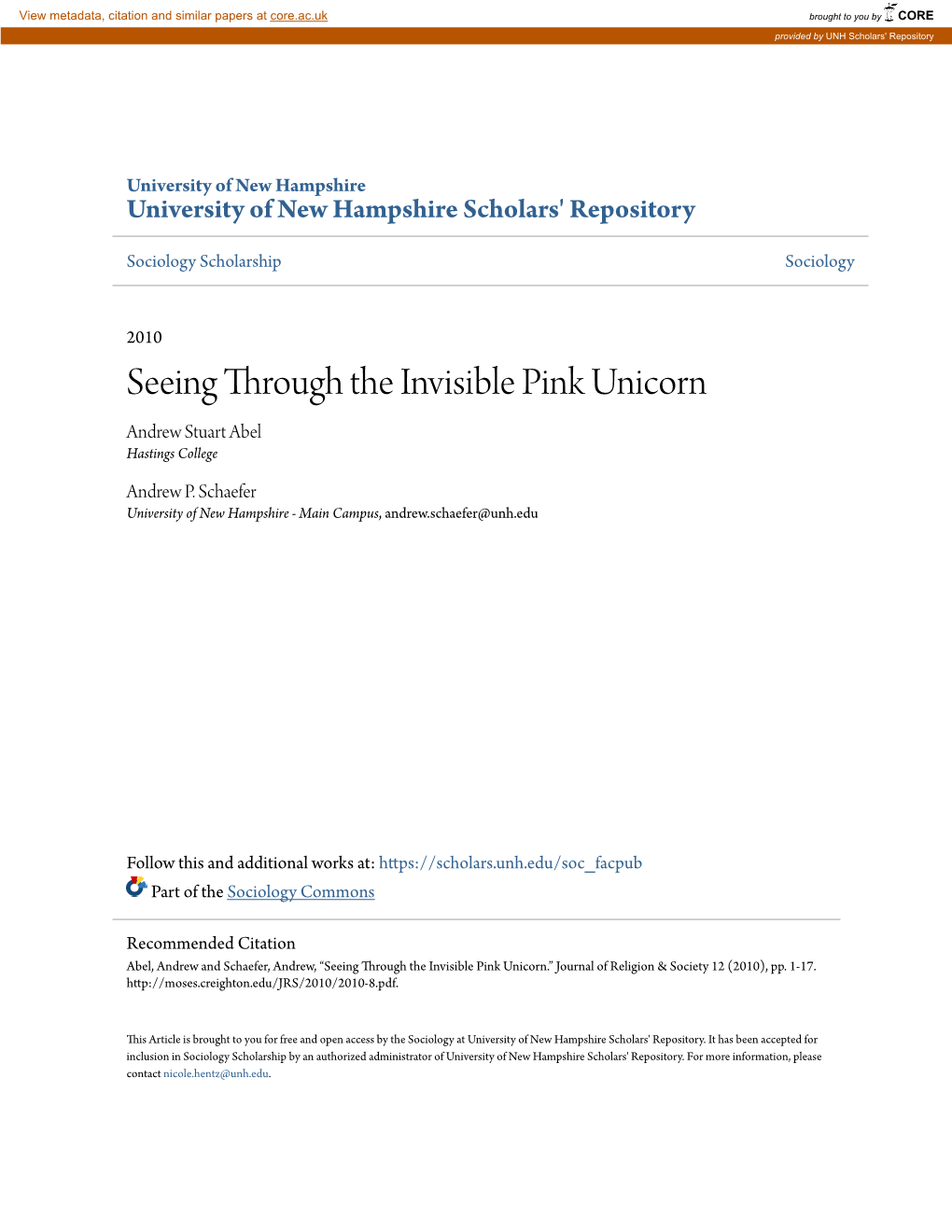 Seeing Through the Invisible Pink Unicorn Andrew Stuart Abel Hastings College