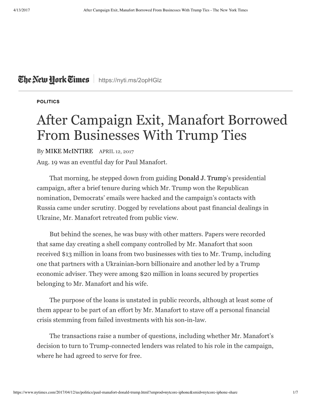 After Campaign Exit, Manafort Borrowed from Businesses with Trump Ties - the New York Times