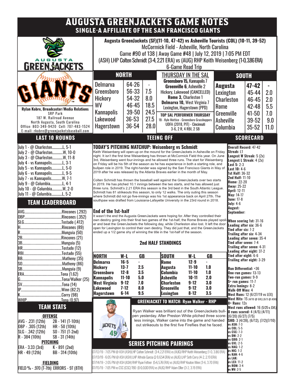 Augusta Greenjackets Game Notes Single-A Affiliate of the San Francisco Giants