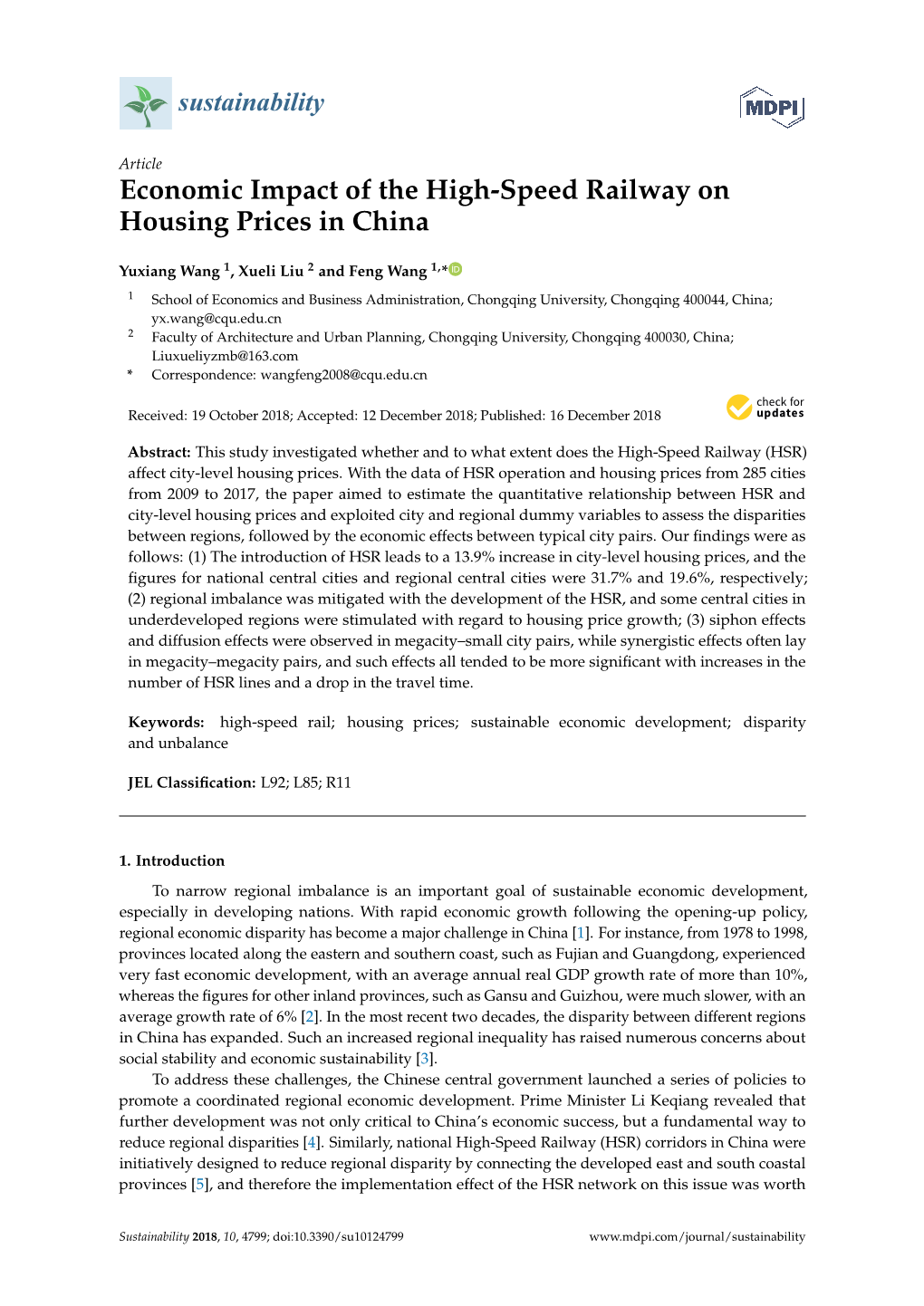 Economic Impact of the High-Speed Railway on Housing Prices in China