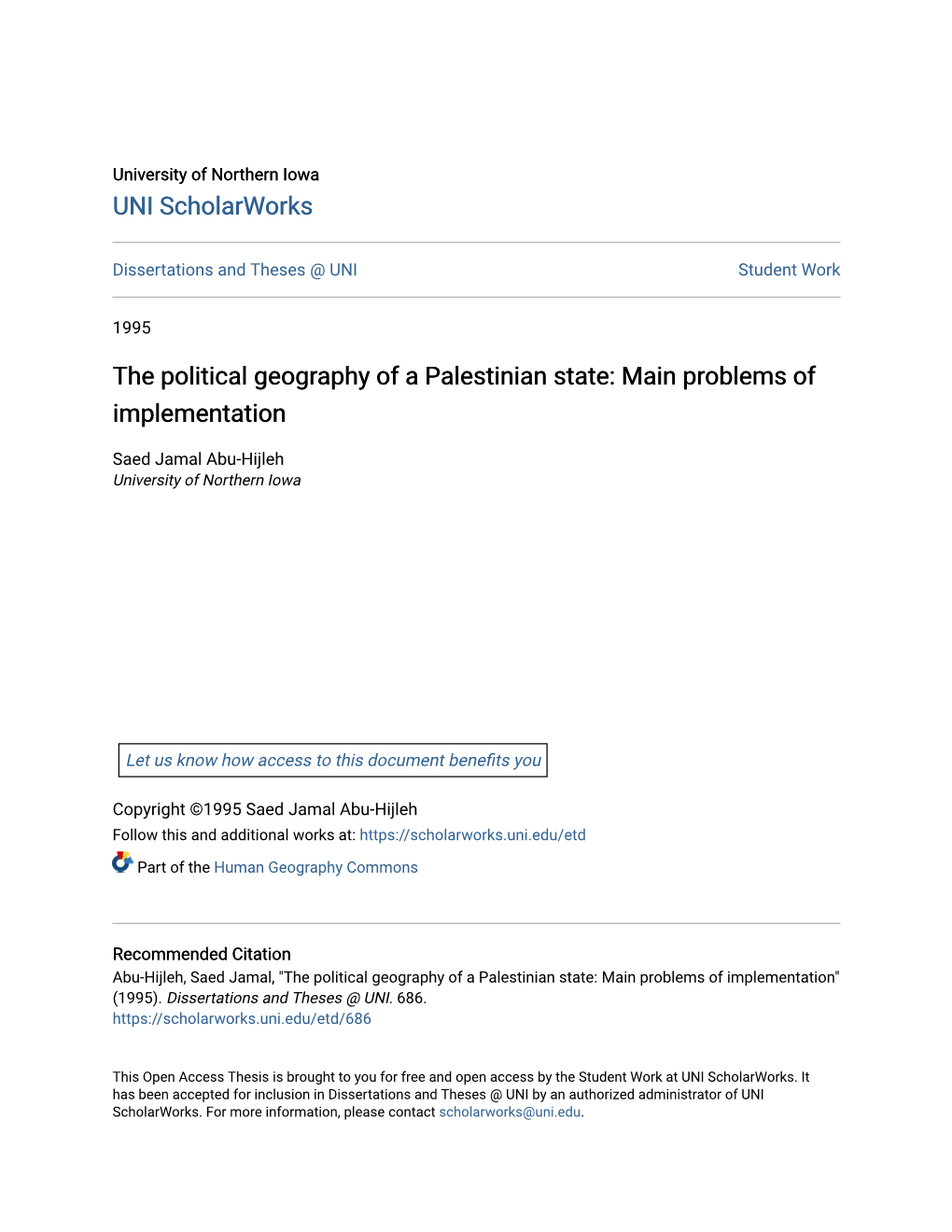 The Political Geography of a Palestinian State: Main Problems of Implementation