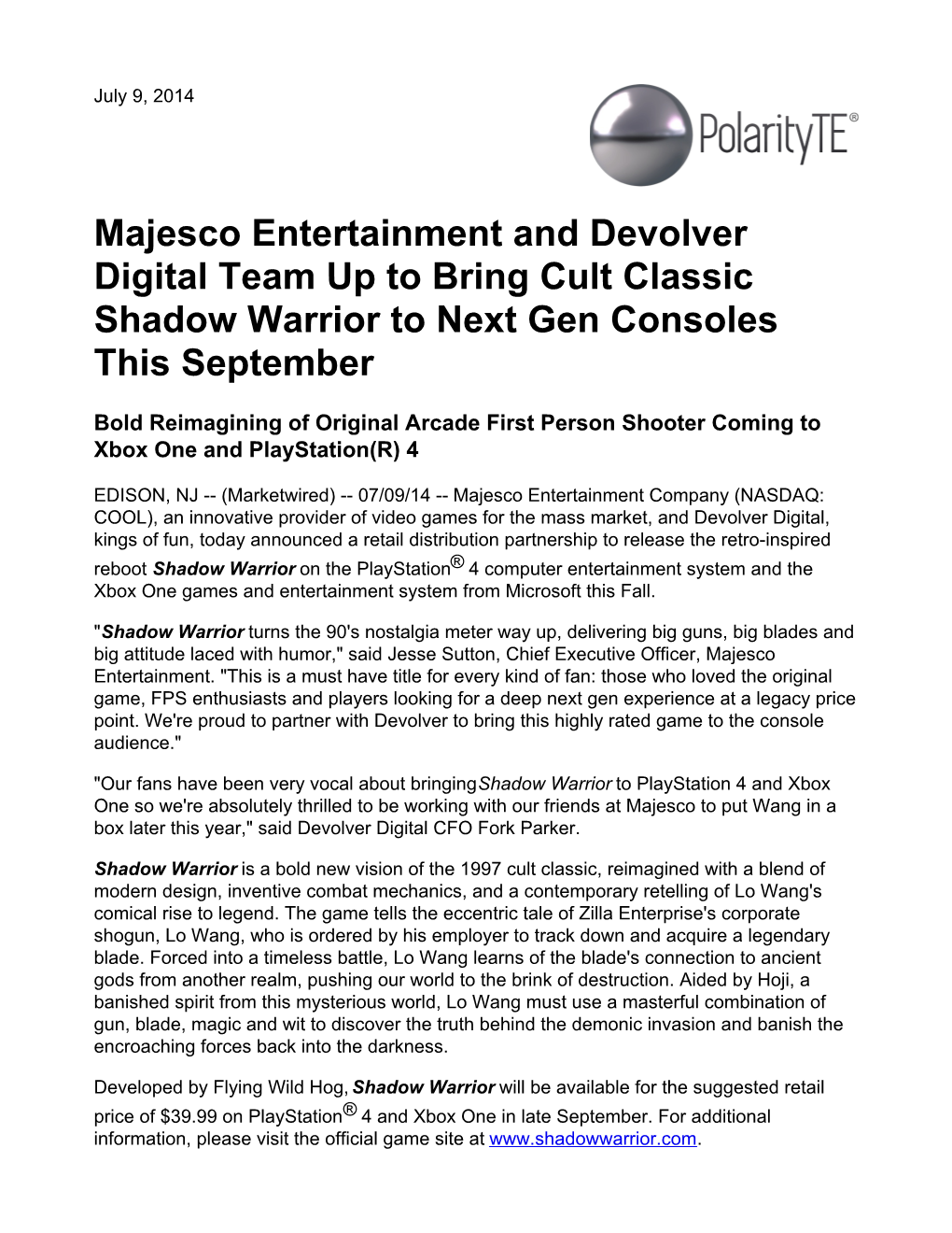 Majesco Entertainment and Devolver Digital Team up to Bring Cult Classic Shadow Warrior to Next Gen Consoles This September
