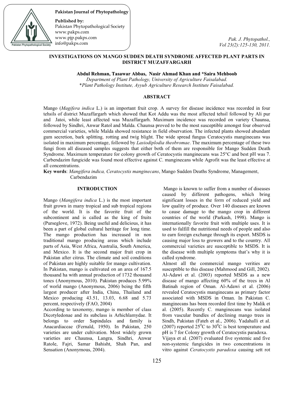 Investigation of Fungi Associated with Mango Sudden Decline Plant