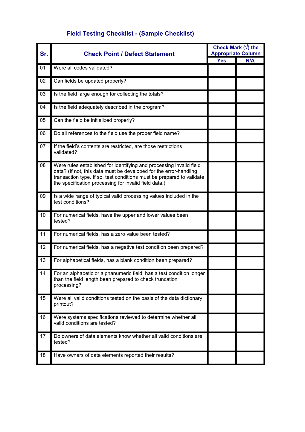 Field Testing Checklist