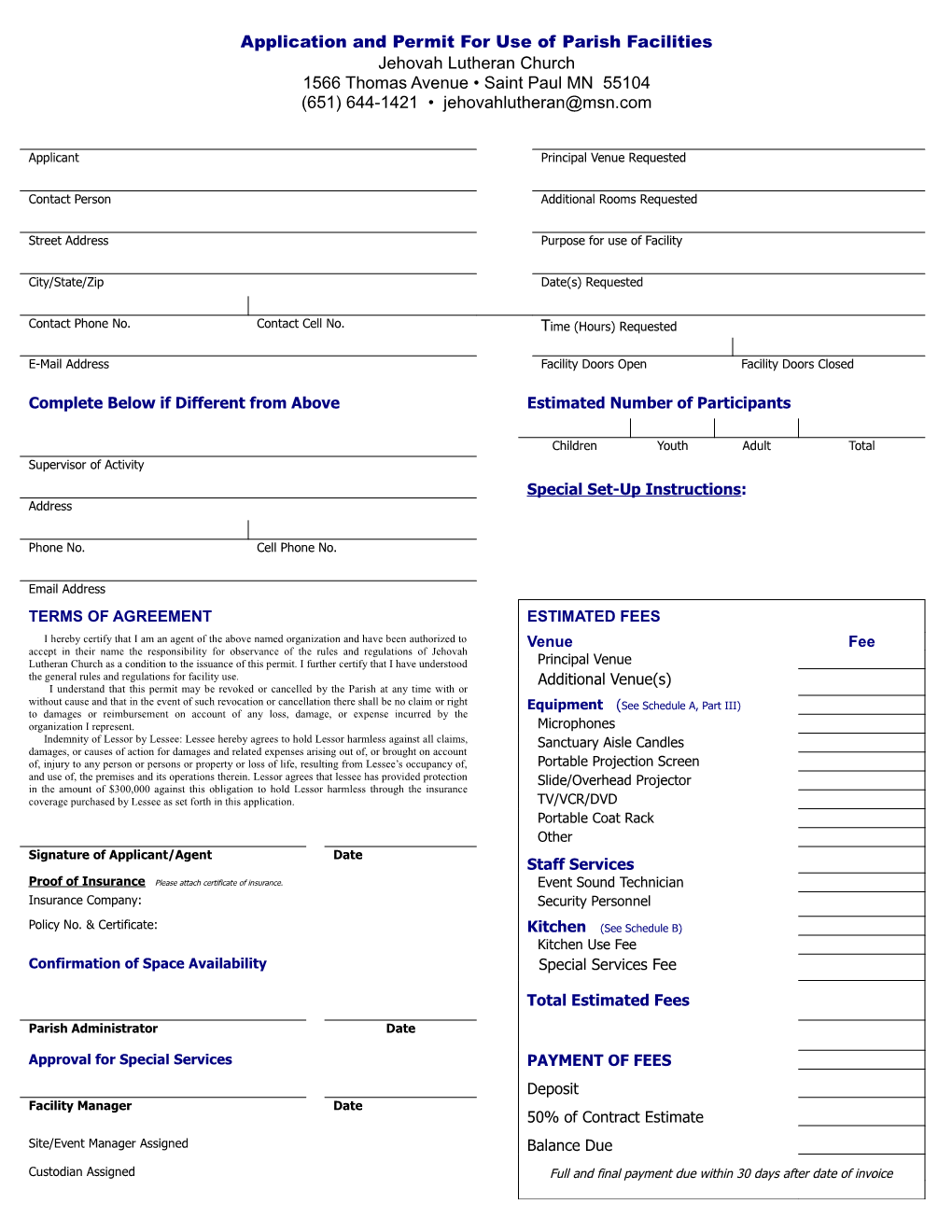 Application and Permit for Use of Parish Facilities