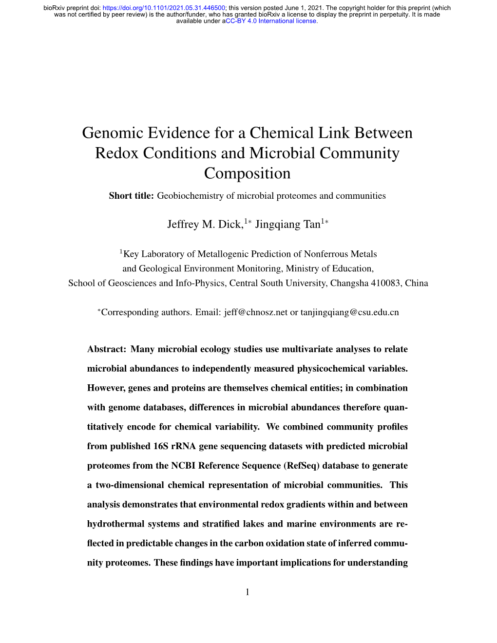 Genomic Evidence for a Chemical Link Between Redox Conditions and Microbial Community Composition Short Title: Geobiochemistry of Microbial Proteomes and Communities