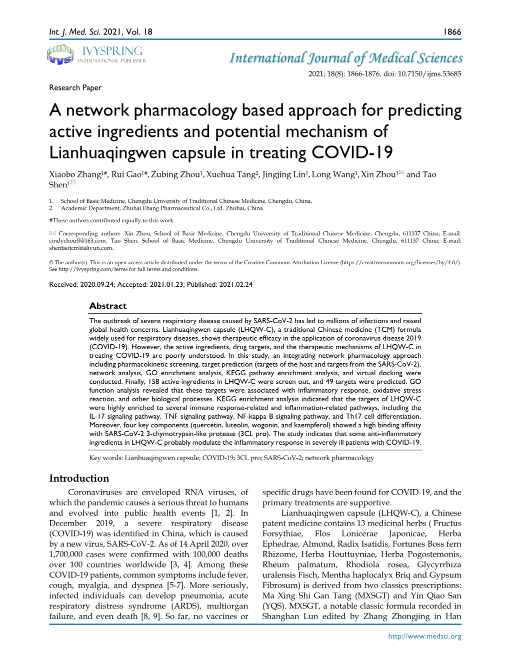 A Network Pharmacology Based Approach for Predicting Active Ingredients and Potential Mechanism of Lianhuaqingwen Capsule In