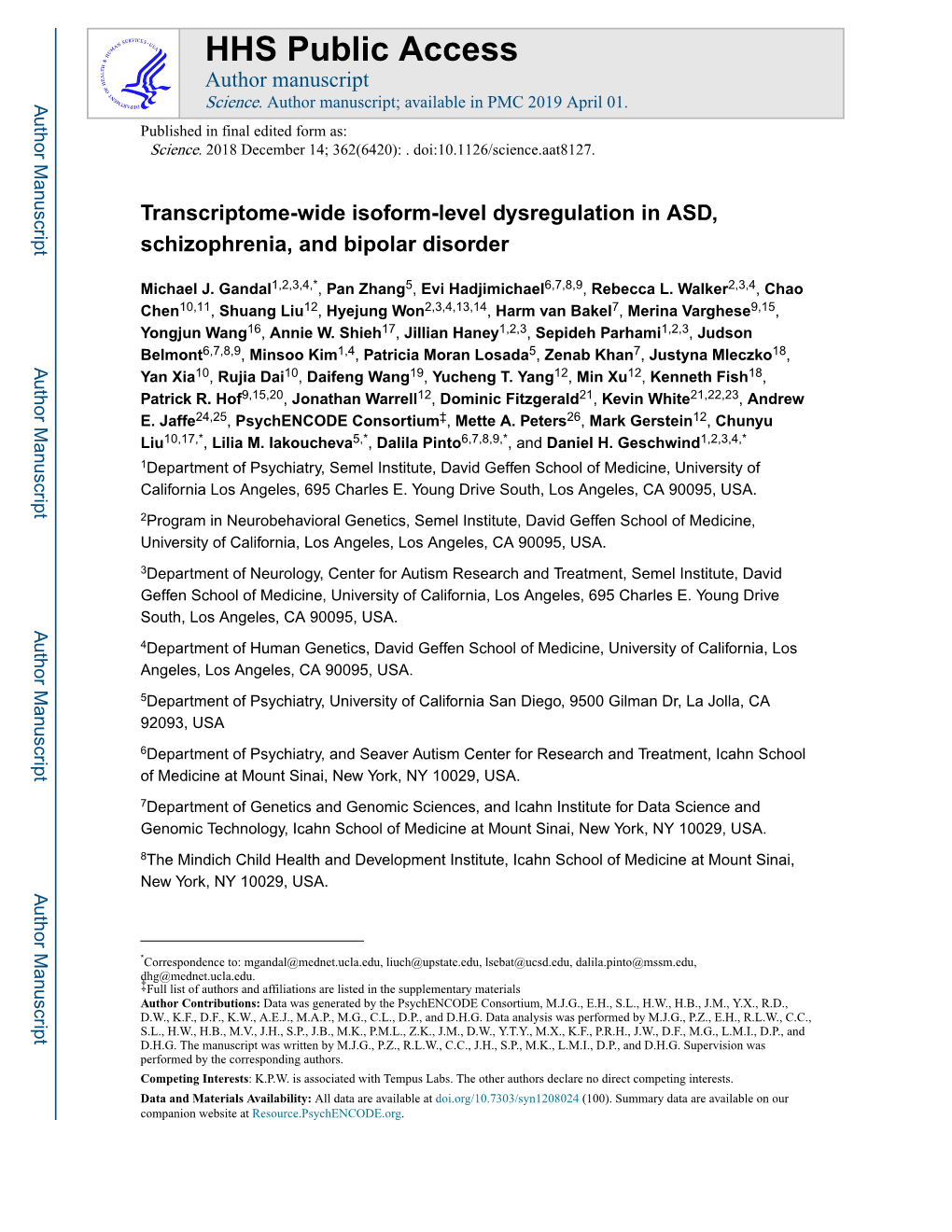 Transcriptome-Wide Isoform-Level Dysregulation in ASD, Schizophrenia, and Bipolar Disorder