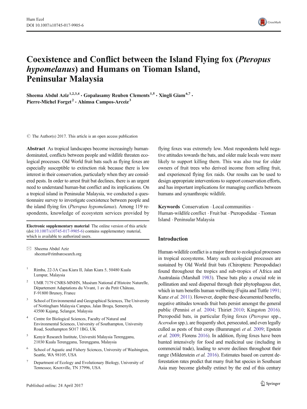 Coexistence and Conflict Between the Island Flying Fox (Pteropus Hypomelanus) and Humans on Tioman Island, Peninsular Malaysia