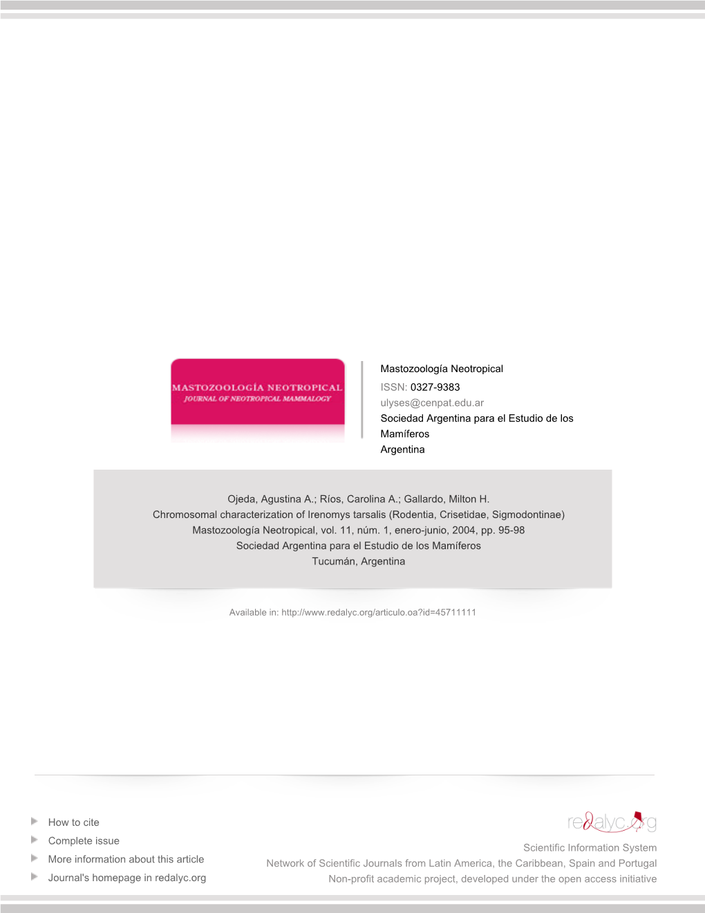 Redalyc.Chromosomal Characterization of Irenomys Tarsalis