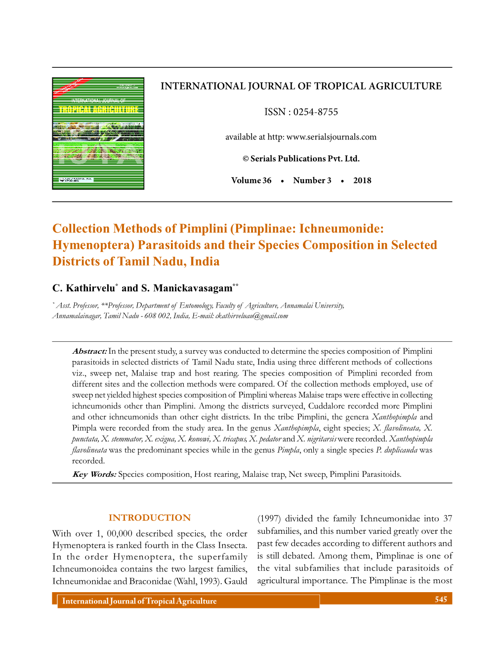 Pimplinae: Ichneumonide: Hymenoptera) Parasitoids and Their Species Composition