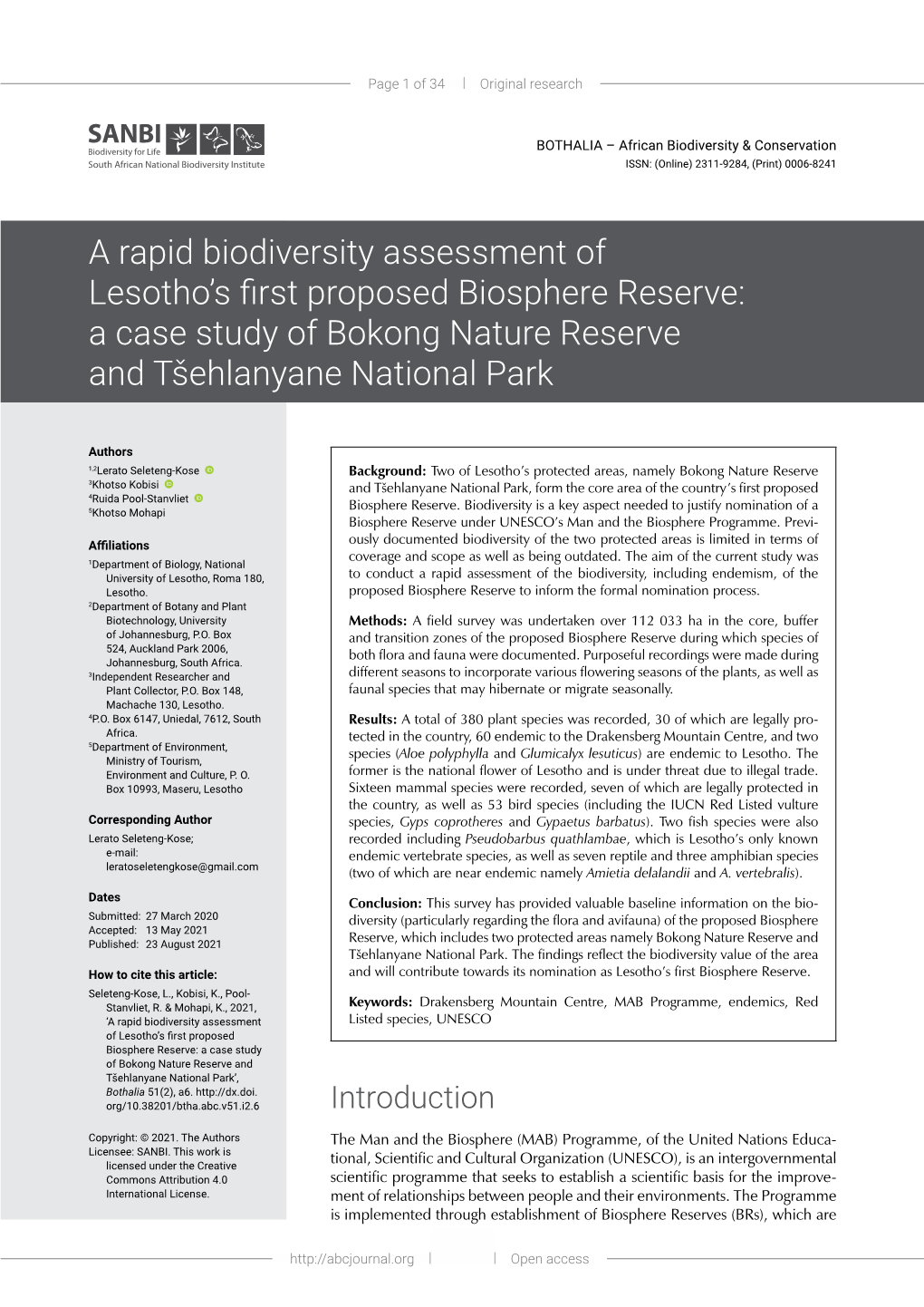 A Rapid Biodiversity Assessment of Lesotho's First Proposed