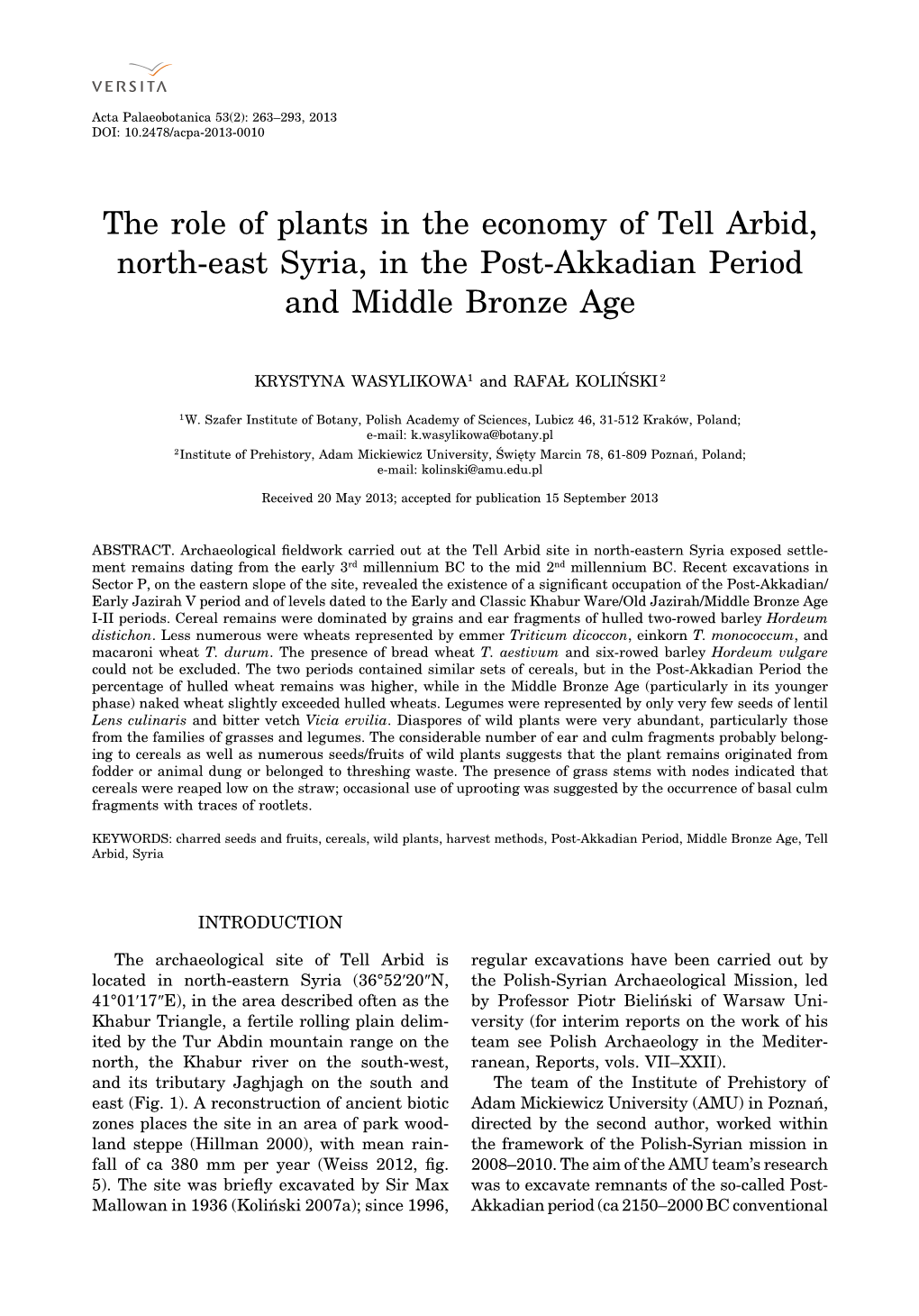 The Role of Plants in the Economy of Tell Arbid, North-East Syria, in the Post-Akkadian Period and Middle Bronze Age