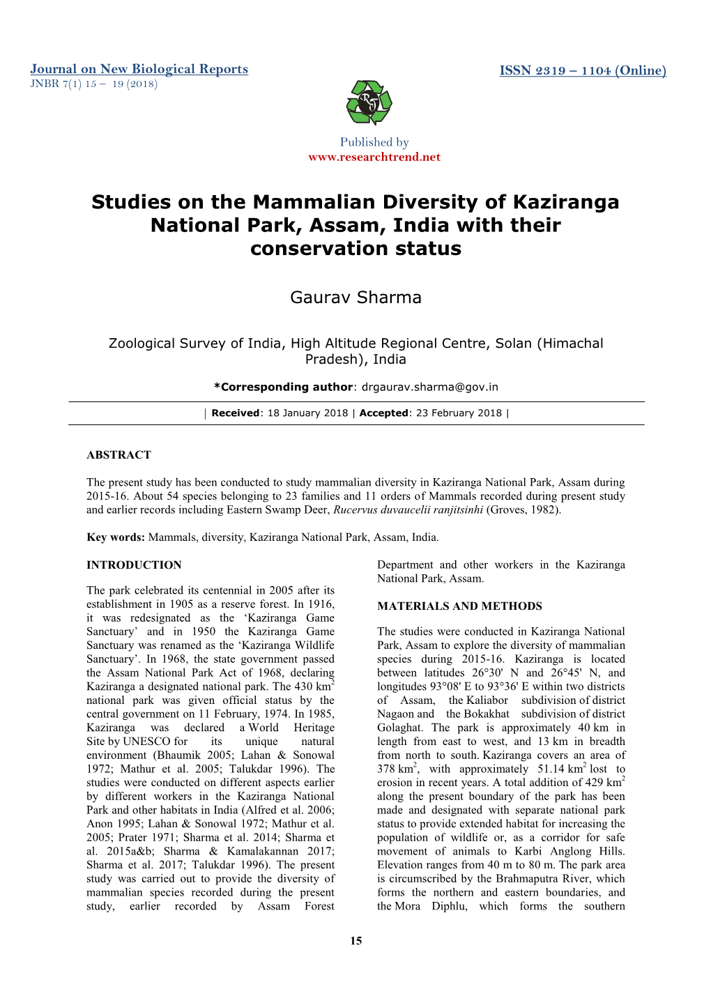 Studies on the Mammalian Diversity of Kaziranga National Park, Assam, India with Their Conservation Status