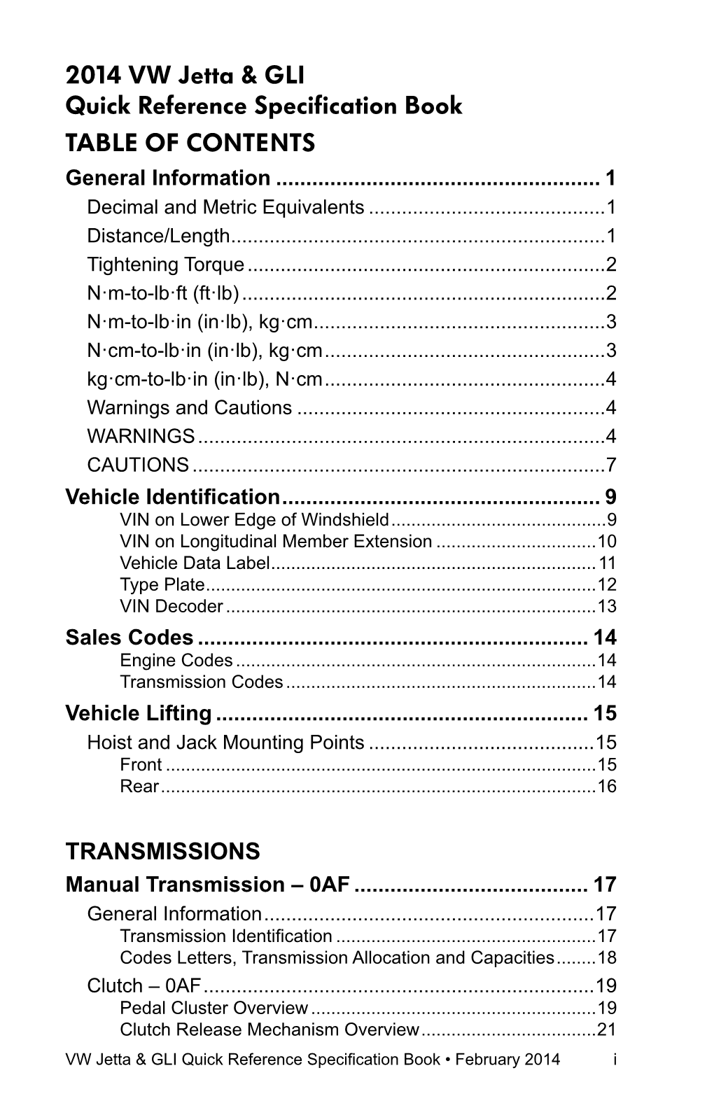 2014 VW Jetta & GLI Quick Reference Specification Book Table Of