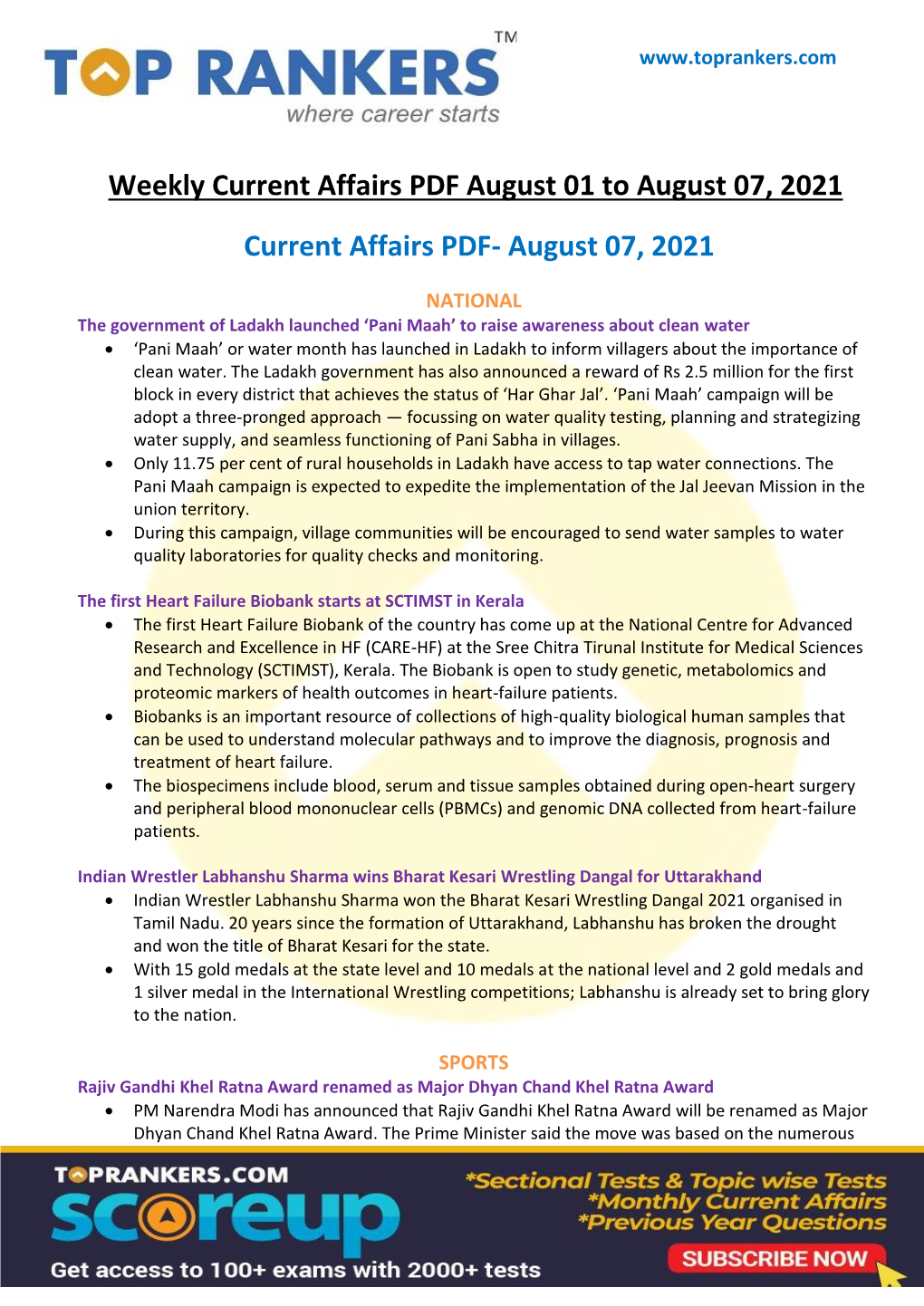 Current Affairs PDF August 01 to August 07, 2021