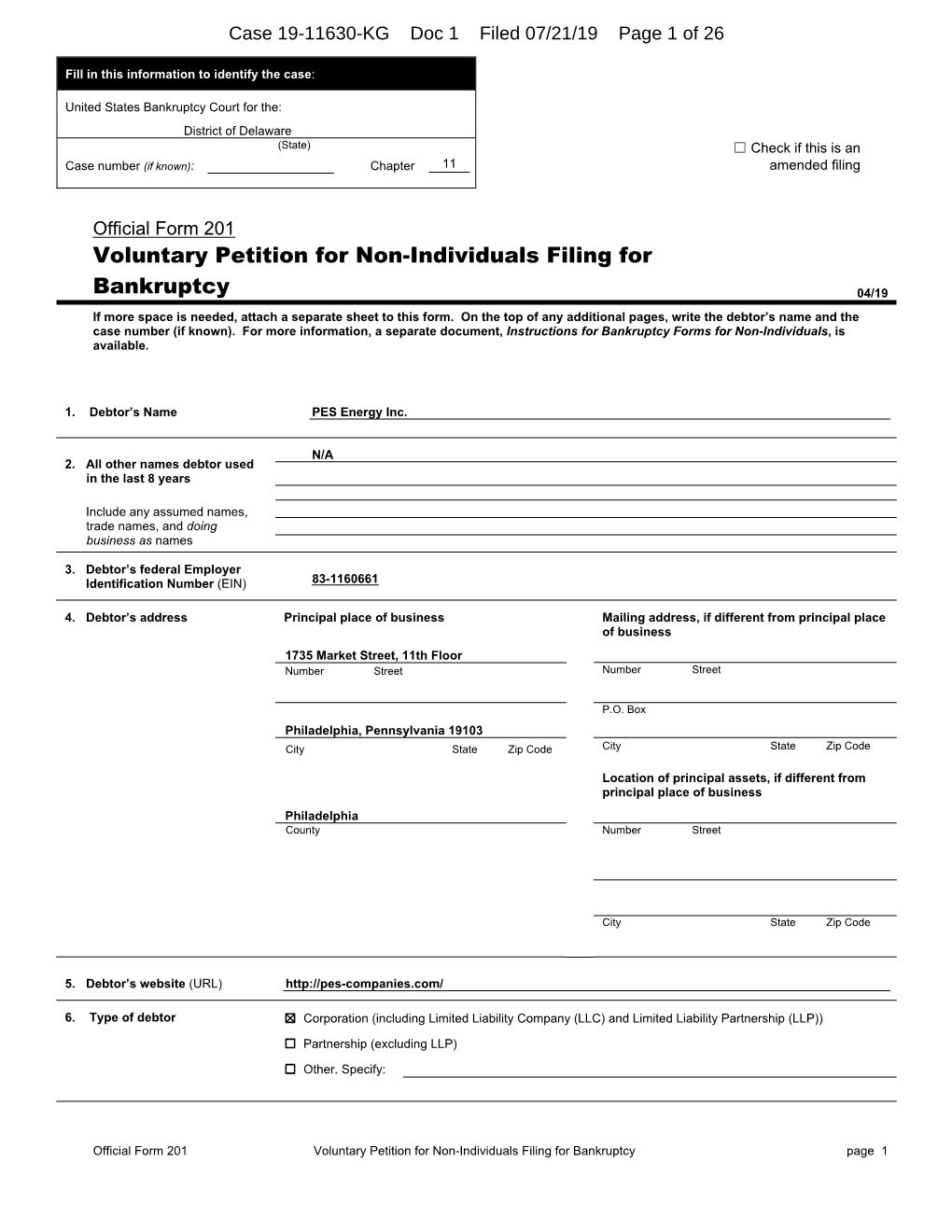 Voluntary Petition for Non-Individuals Filing for Bankruptcy Page 1 Case 19-11630-KG Doc 1 Filed 07/21/19 Page 2 of 26