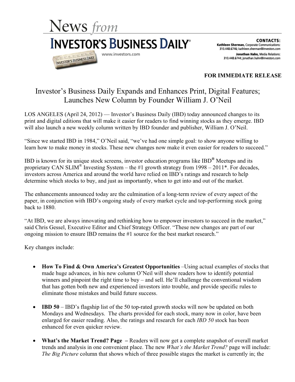 Investor's Business Daily Expands and Enhances Print, Digital