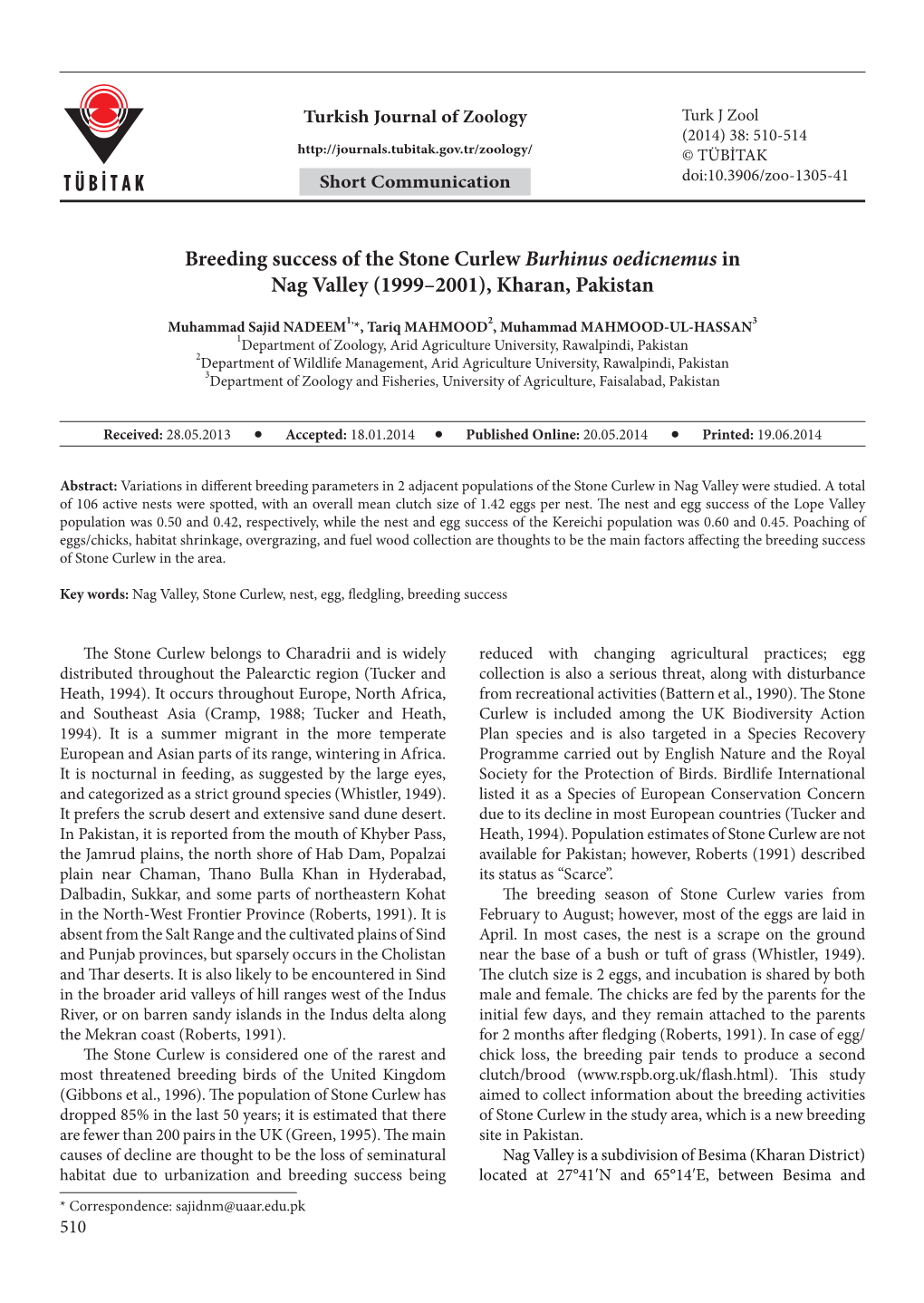 Breeding Success of the Stone Curlew Burhinus Oedicnemus in Nag Valley (1999–2001), Kharan, Pakistan