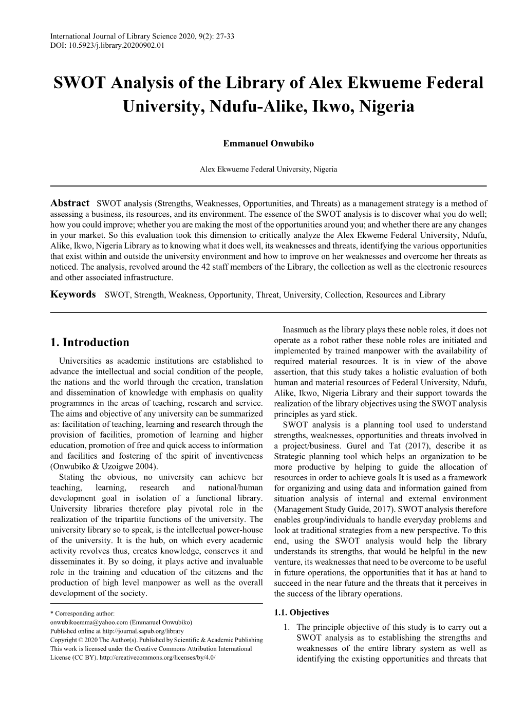 SWOT Analysis of the Library of Alex Ekwueme Federal University, Ndufu-Alike, Ikwo, Nigeria