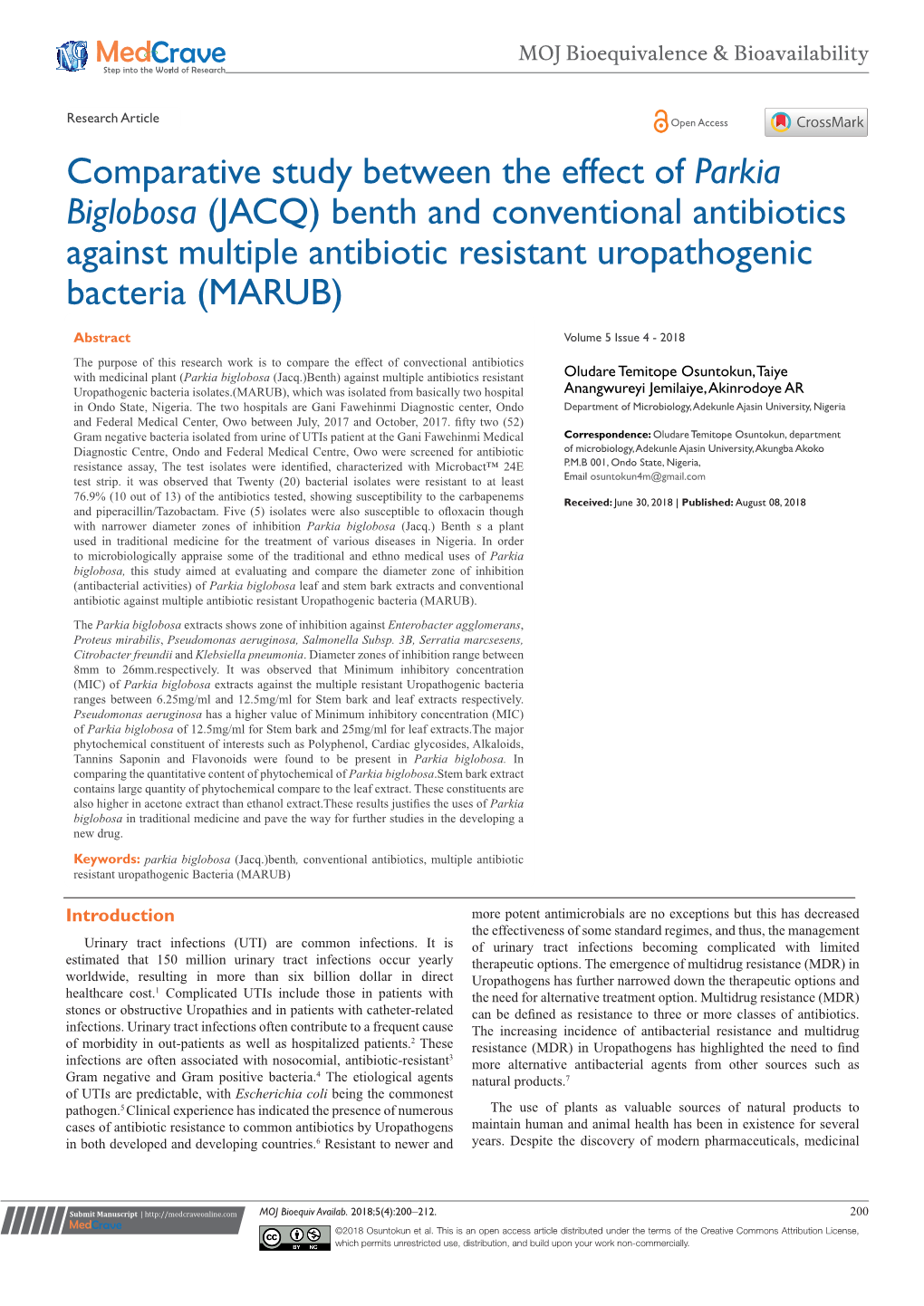 Parkia Biglobosa (JACQ) Benth and Conventional Antibiotics Against Multiple Antibiotic Resistant Uropathogenic Bacteria (MARUB)