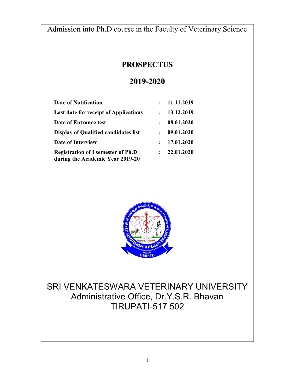 SRI VENKATESWARA VETERINARY UNIVERSITY Administrative Office, Dr.Y.S.R
