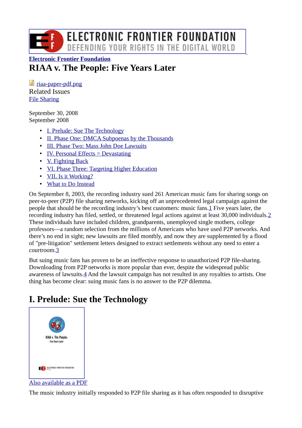 RIAA V. the People: Five Years Later I. Prelude: Sue the Technology