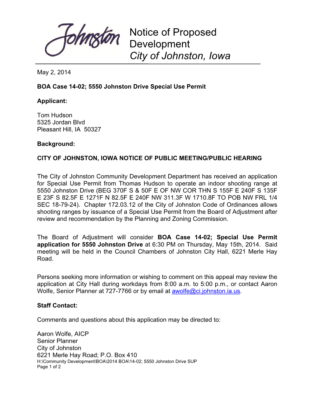 Notice of Proposed Development City of Johnston, Iowa