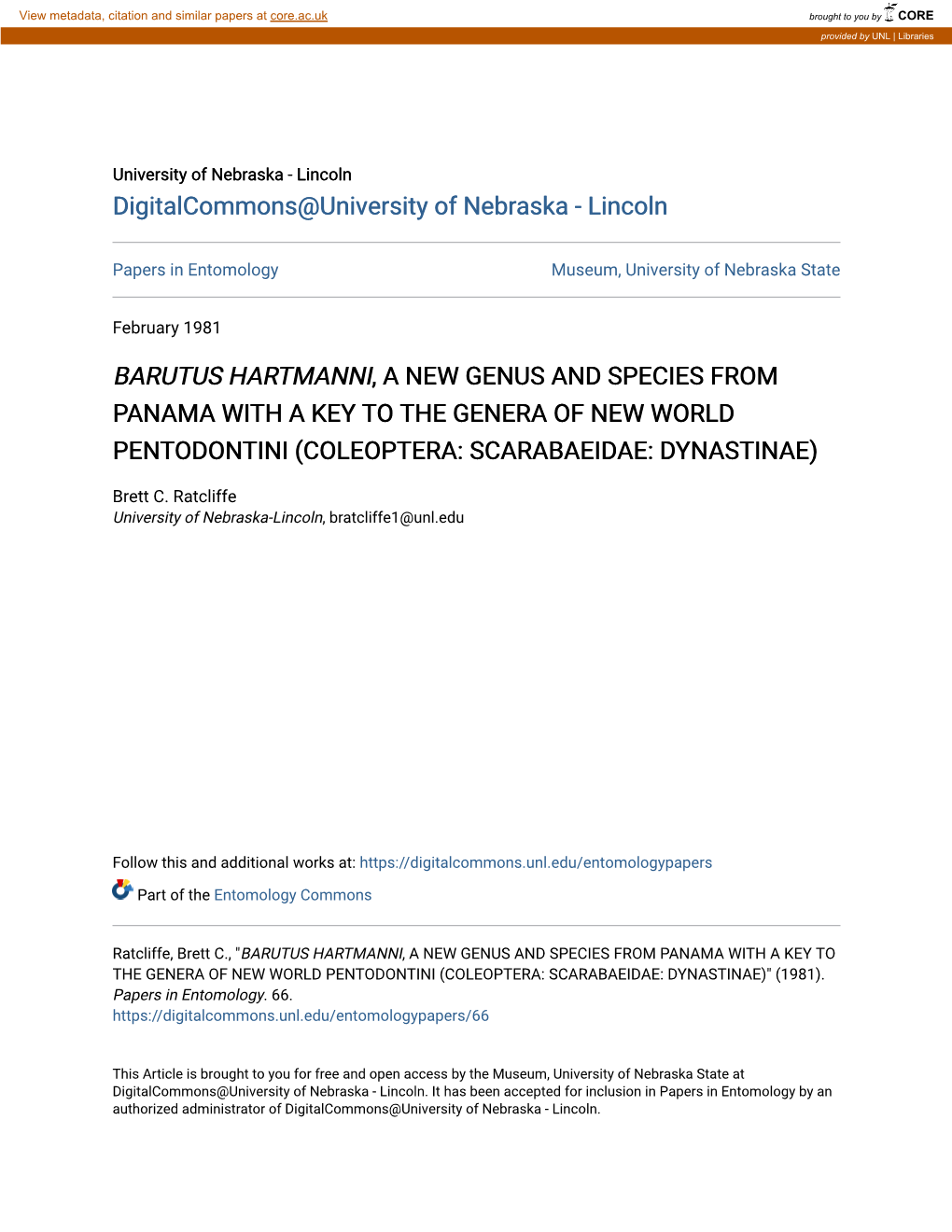 Barutus Hartmanni, a New Genus and Species from Panama with a Key to the Genera of New World Pentodontini (Coleoptera: Scarabaeidae: Dynastinae)