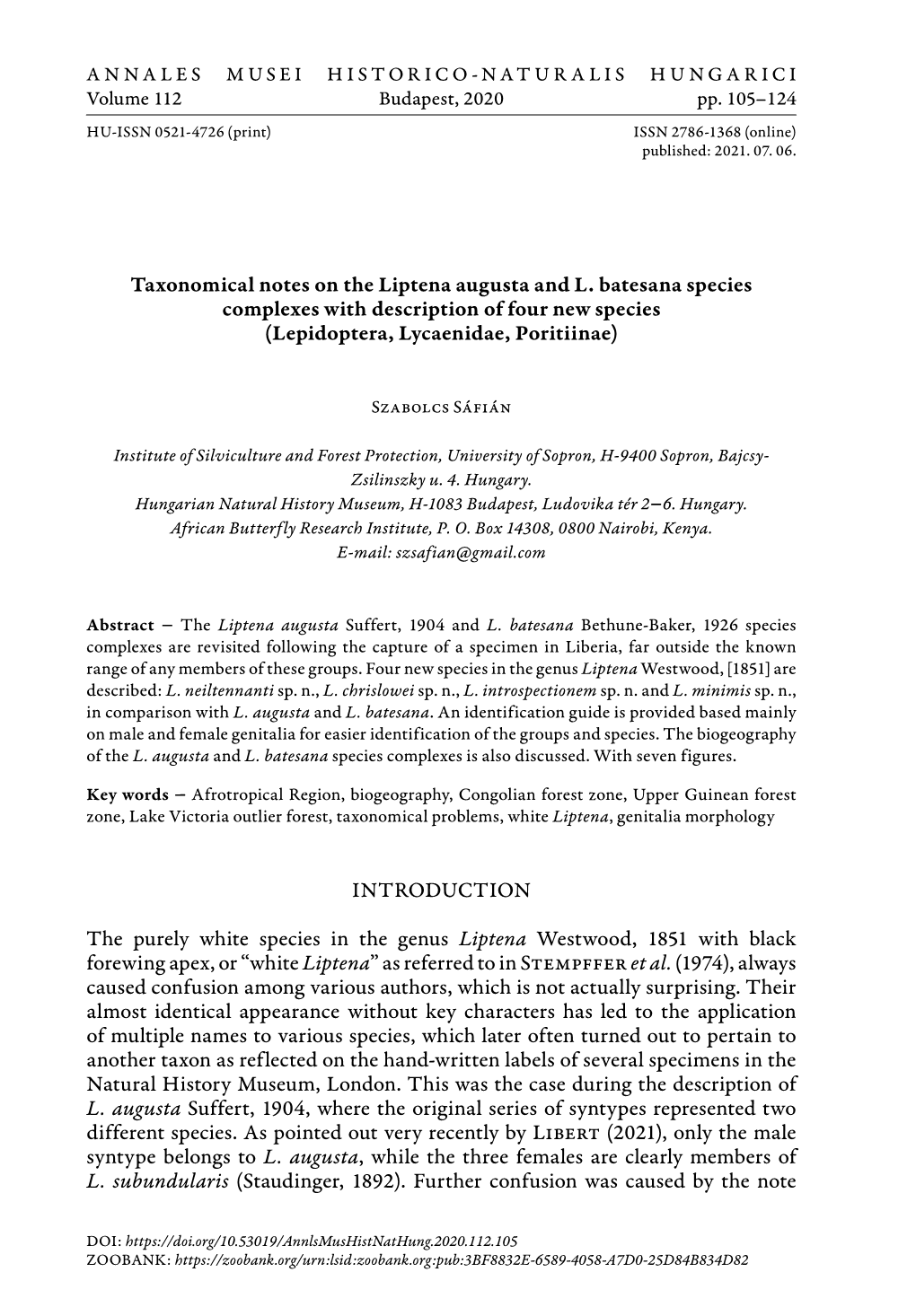 Taxonomical Notes on the Liptena Augusta and L. Batesana Species Complexes with Description of Four New Species (Lepidoptera, Lycaenidae, Poritiinae)