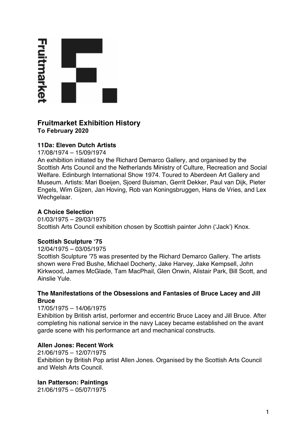 Fruitmarket Exhibition History to February 2020