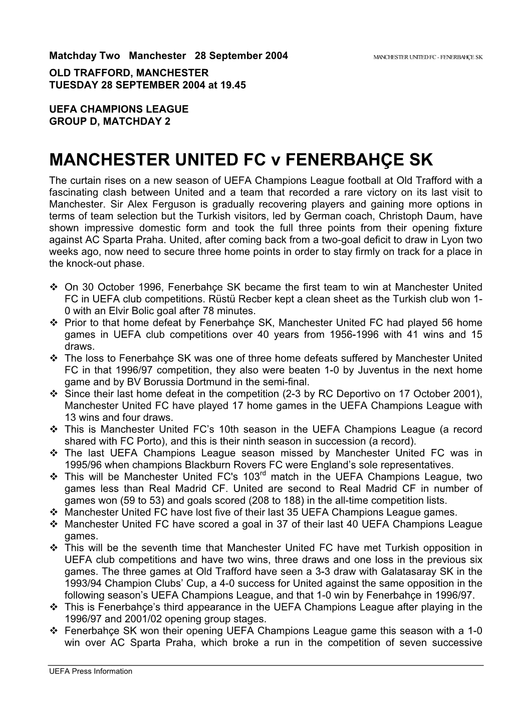 MANCHESTER UNITED FC V FENERBAHÇE SK