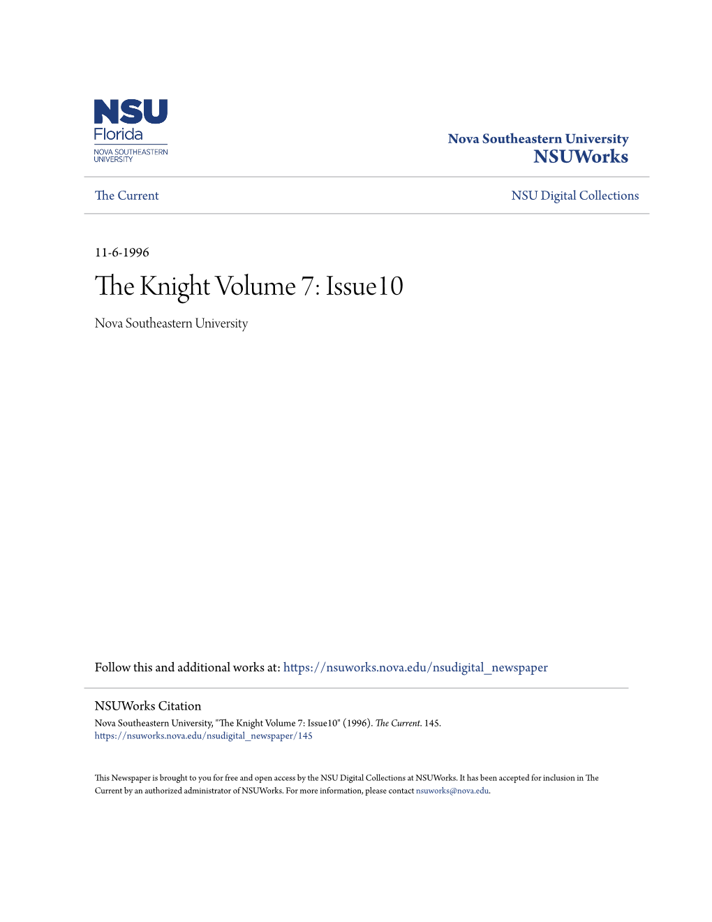 The Knight Volume 7: Issue10 Nova Southeastern University