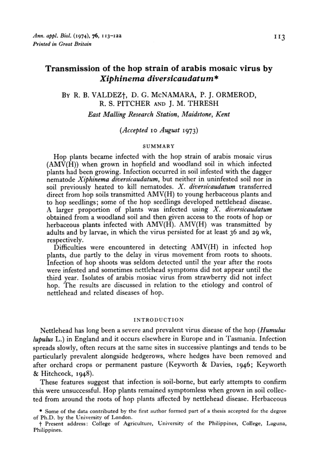 Transmission of the Hop Strain of Arabis Mosaic Virus by Xiphinema Diversicaudatum*