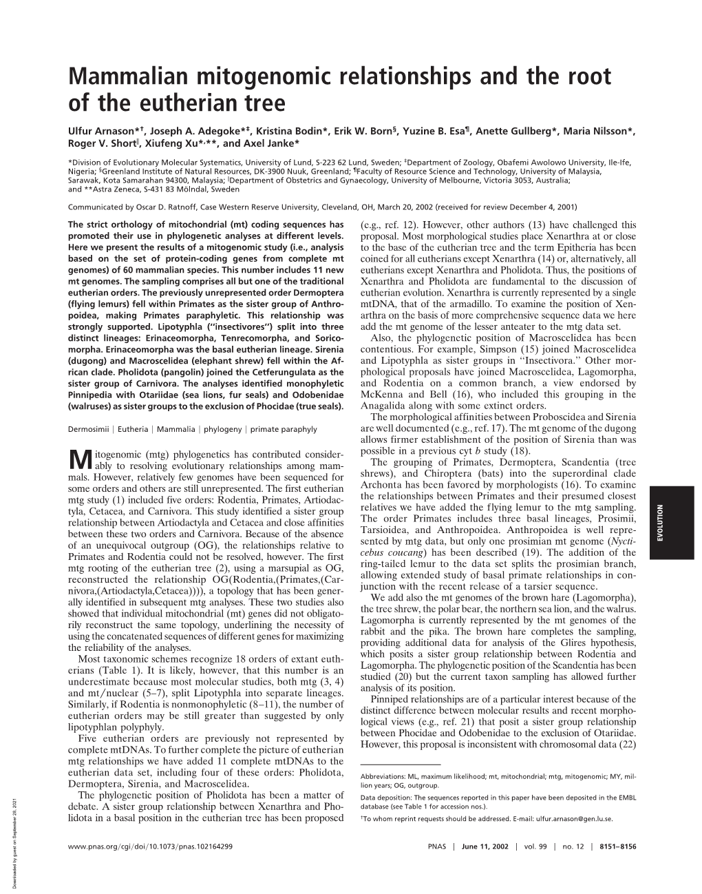 Mammalian Mitogenomic Relationships and the Root of the Eutherian Tree