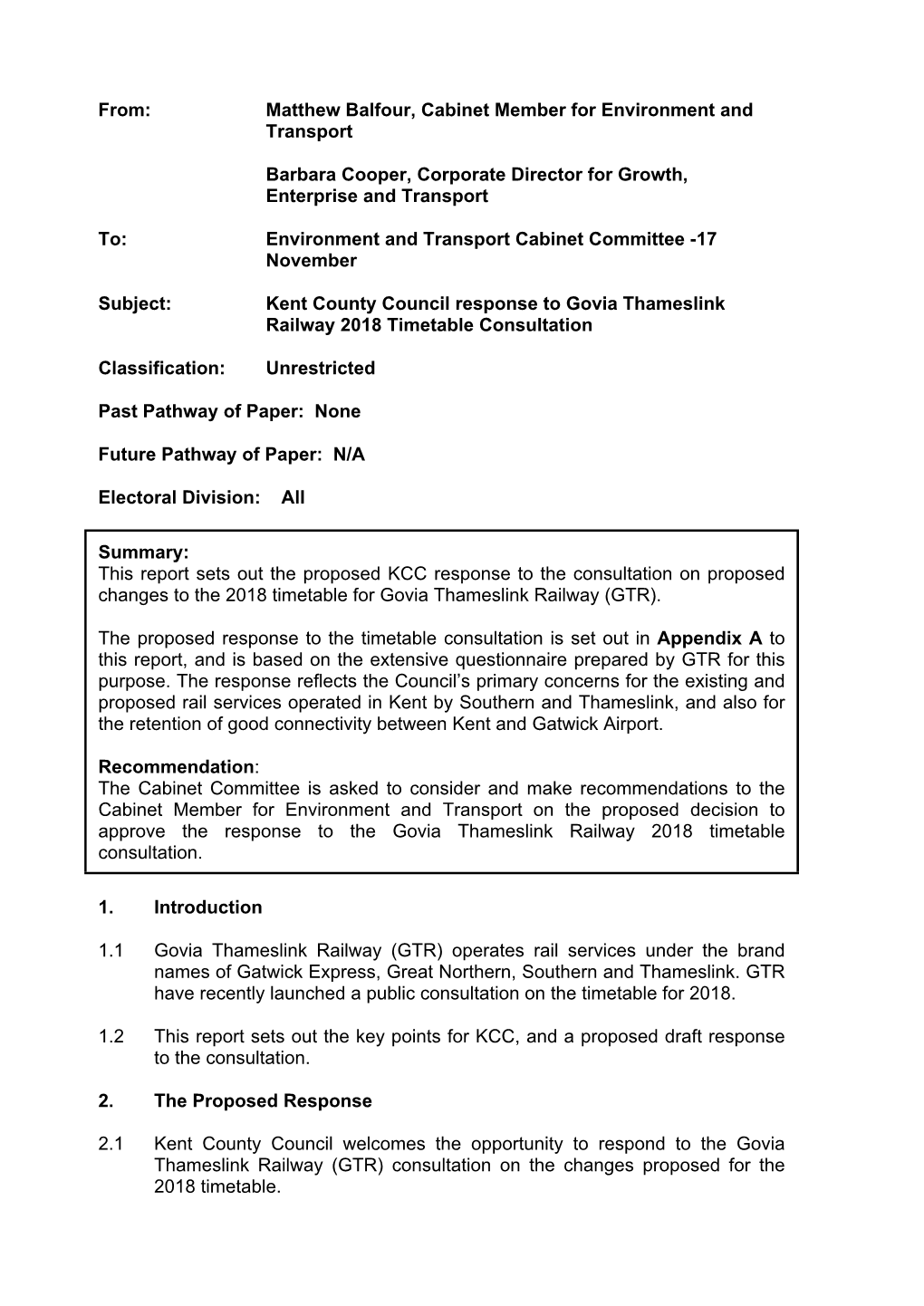 Kent County Council Response to Govia Thameslink Railway 2018 Timetable Consultation