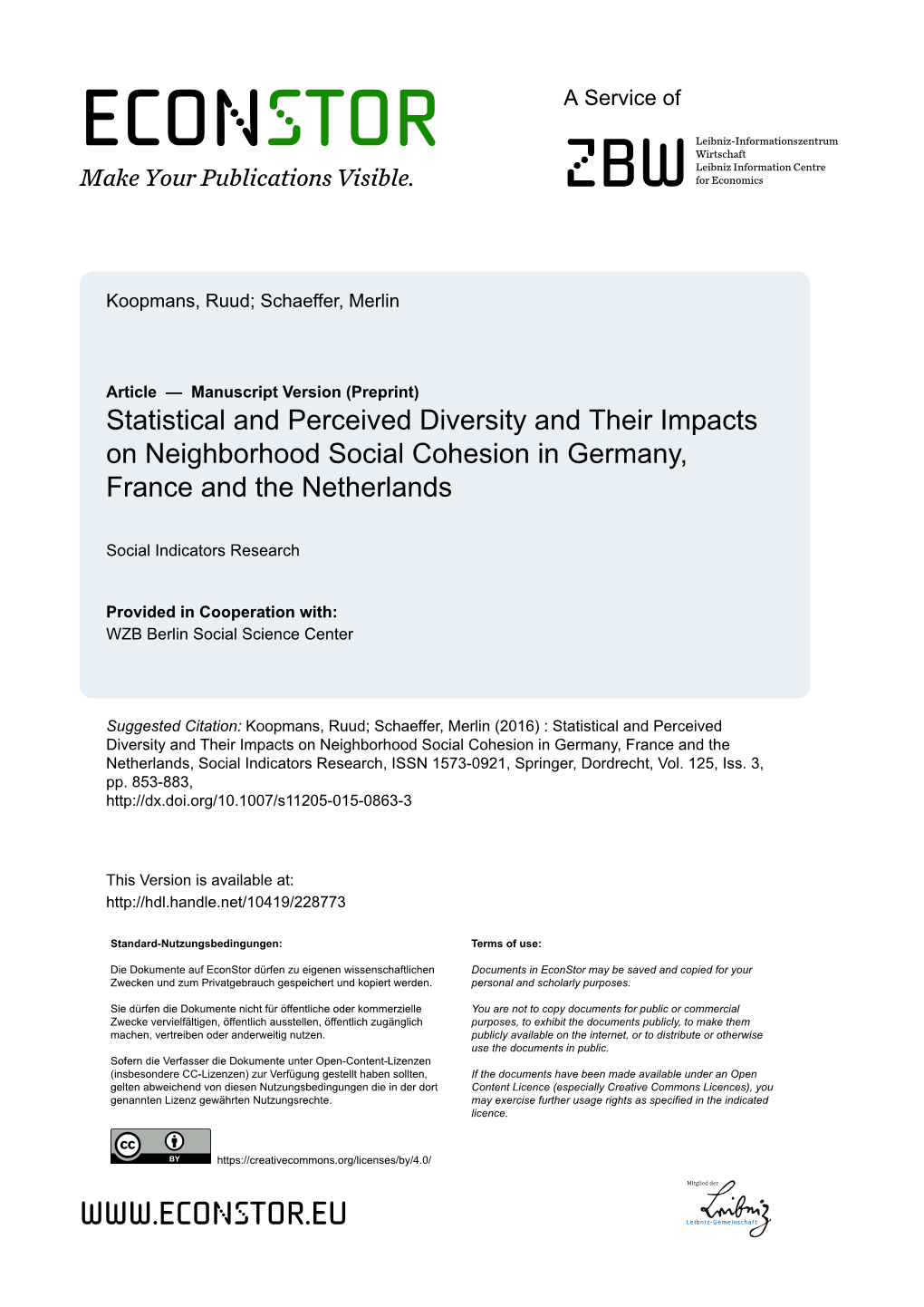 Statistical and Perceived Diversity and Their Impacts on Neighborhood Social Cohesion in Germany, France and the Netherlands