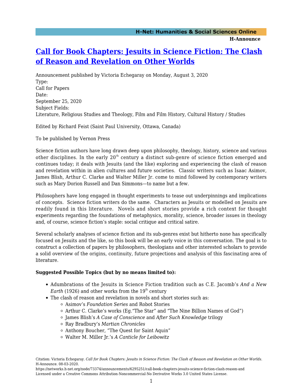 Call for Book Chapters: Jesuits in Science Fiction: the Clash of Reason and Revelation on Other Worlds