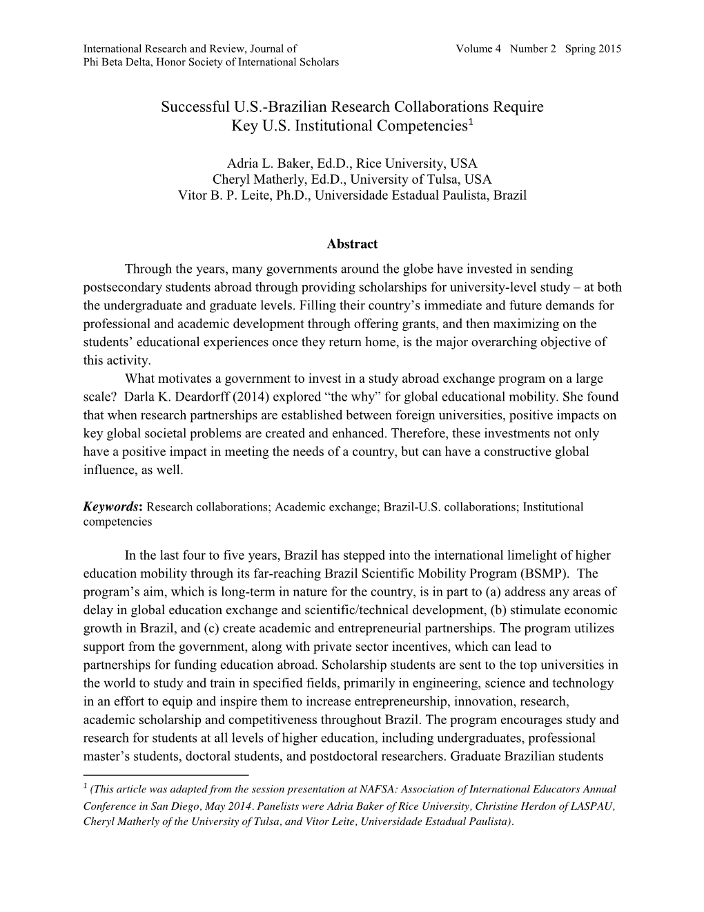 Successful U.S.-Brazilian Research Collaborations Require Key U.S. Institutional Competencies1