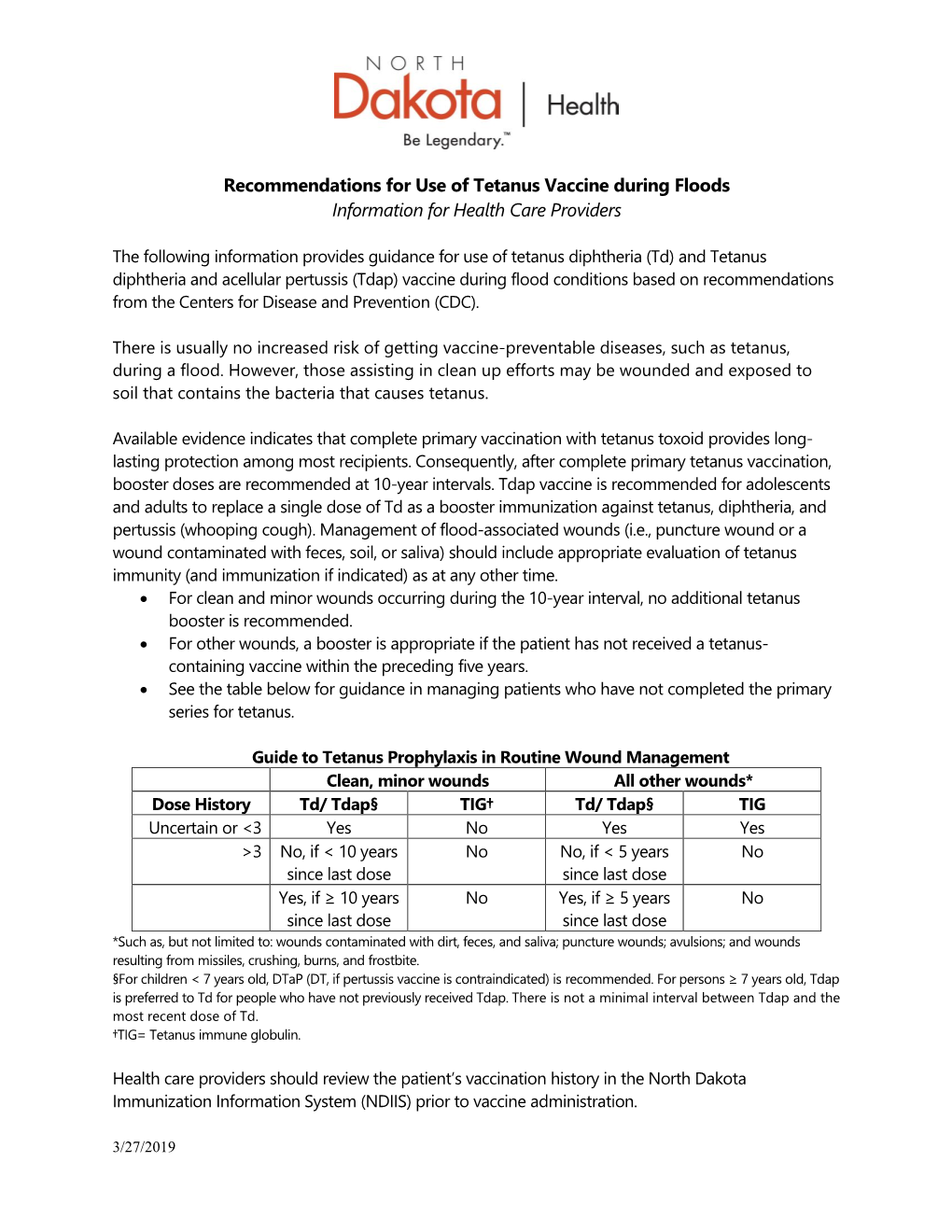 Recommendations for Use of Tetanus Vaccine During Floods Information for Health Care Providers